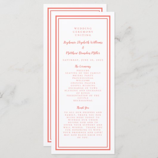 Ceremonie voor koraal- en witbruiloft programmakaart (Voorkant / Achterkant)