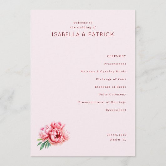 Ceremony Processional Pink Floral Serif Programmakaart (Voorkant)