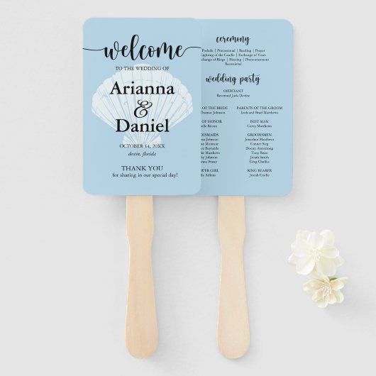 Ceremony Program Hand Fan Beach Seashell Handwaaier (Voorkant en achterkant)
