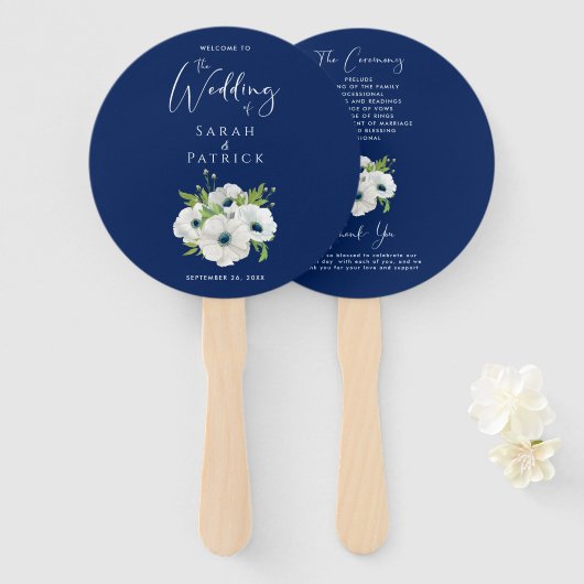 Ceremony Program Wedding | Navy Blue White Floral Handwaaier (Voorkant en achterkant)