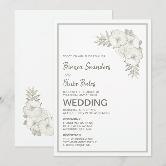 Ceremony Reception  Embossed Floral Wedding Kaart (Voorkant / Achterkant)