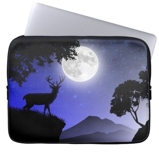 Cerf sous la lune bleu laptop sleeve (Voorkant)