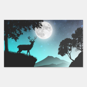 Cerf sous la lune turquoise rechthoekige sticker