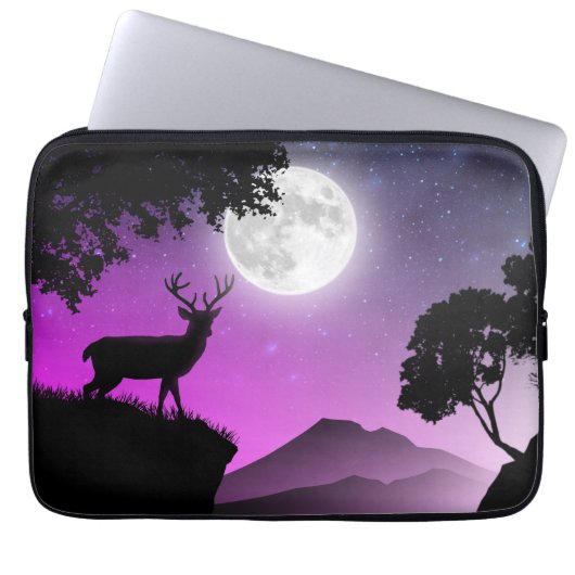 Cerf sous la lune violet laptop sleeve (Voorkant)