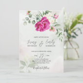 Cerise magenta peony eucalyptus waterverf invitat kaart (Staand voorkant)