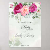 Cerise magenta peony rozen eucalyptus welkomstteke poster (Voorkant)