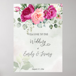 Cerise magenta peony rozen eucalyptus welkomstteke poster
