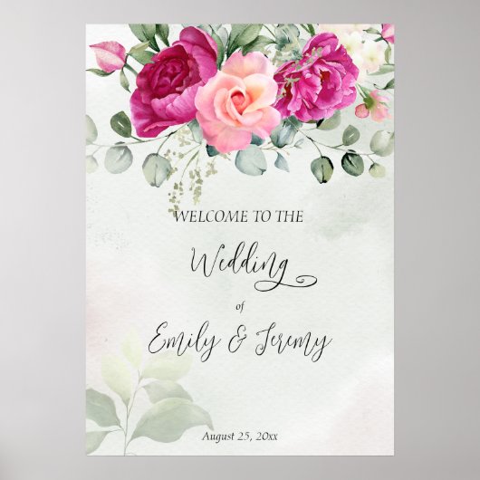 Cerise magenta peony rozen eucalyptus welkomstteke poster (Voorkant)