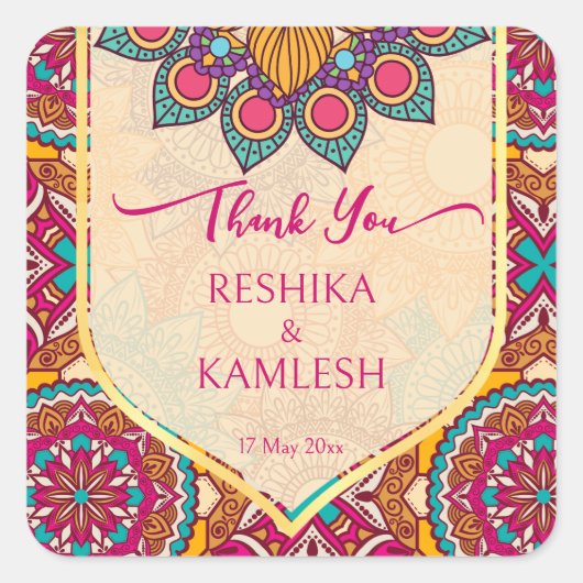 Cerise mandala rangoli bruiloft gepersonaliseerde vierkante sticker (Voorkant)