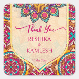 Cerise mandala rangoli bruiloft gepersonaliseerde  vierkante sticker