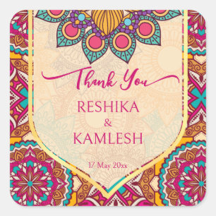 Cerise mandala rangoli bruiloft gepersonaliseerde  vierkante sticker