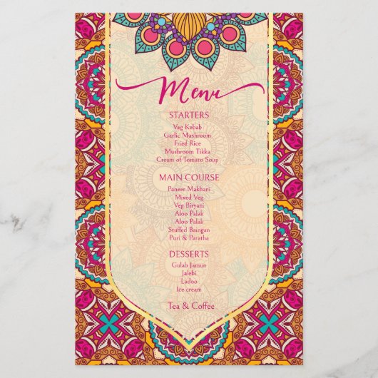 Cerise mandala rangoli gepersonaliseerde menu-sjab (Voorkant)