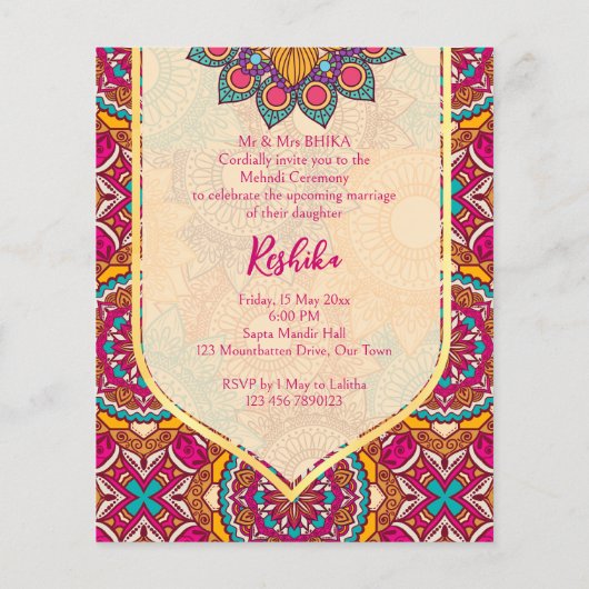 Cerise mandala rangoli mehndi budget invitation (Achterkant)