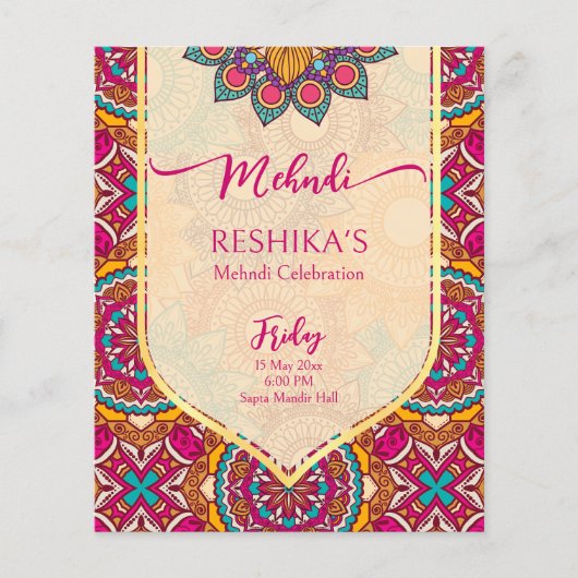 Cerise mandala rangoli mehndi budget invitation (Voorkant)
