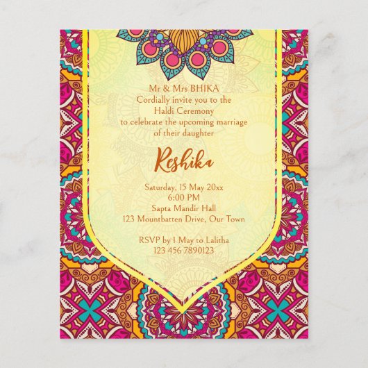 Cerise mandala rangoli mehndi budget uitnodiging (Achterkant)