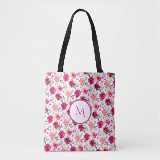 Cerise Pink Waterverf Floral Monogrammed Canvas ta Tote Bag (Voorkant)
