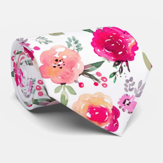 Cerise Pink Waterverf Floral Wedding Stropdas (Opgerold)