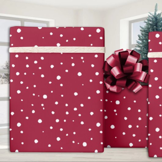 Cerise Red White Falling Snow Vakantie Cadeaupapier