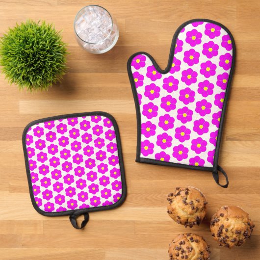 Cerise roze bloem ontwerp ovenwant & pannenlap set (Top down)