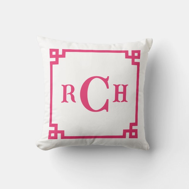 Cerise Roze Griekse Sleutel Monogram Design Kussen (Voorkant)