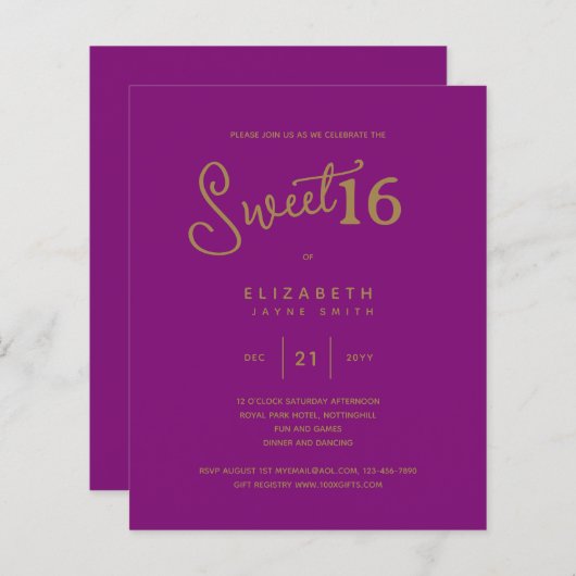 Cerise SWEET 16 Modern Elegant Budget Birthday (Voorkant / Achterkant)