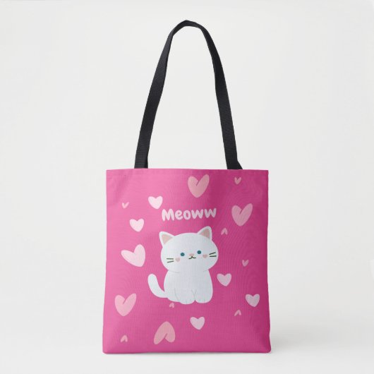 Cerise Tas met witte Cat Design en roze harten (Voorkant)