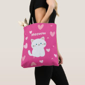 Cerise Tas met witte Cat Design en roze harten (Dichtbij)