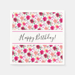 Cerise Waterverf Floral Birthday Servet