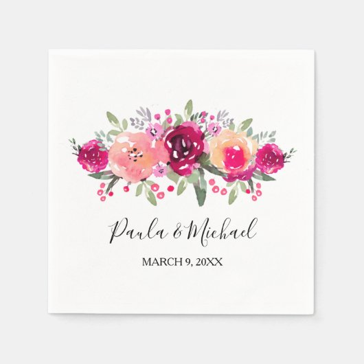 Cerise Waterverf Floral Cocktail Napkin Servet (Voorkant)