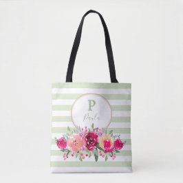 Cerise Waterverf Floral Monogram on Mint Stripes Tote Bag