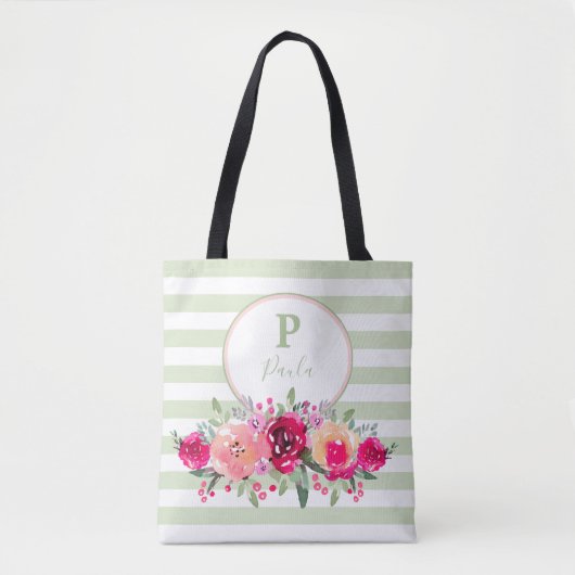 Cerise Waterverf Floral Monogram on Mint Stripes Tote Bag (Voorkant)
