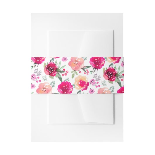 Cerise Waterverf Floral Pattern Belly Band Uitnodigingen Wikkel (Voorkant Voorbeeld)