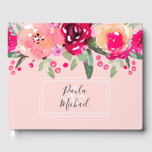 Cerise Waterverf Floral Pink Guest Book Gastenboek (Voorkant)