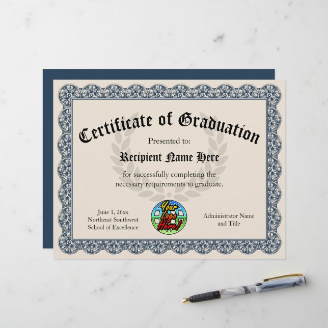 Certificaat van Afstuderen Blauw  Logo (Voorkant / Achterkant in situ)