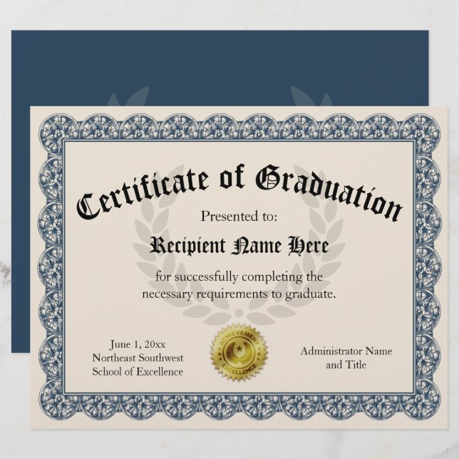 Certificaat van Afstuderen Blue  8.5x11 (Voorkant / Achterkant)
