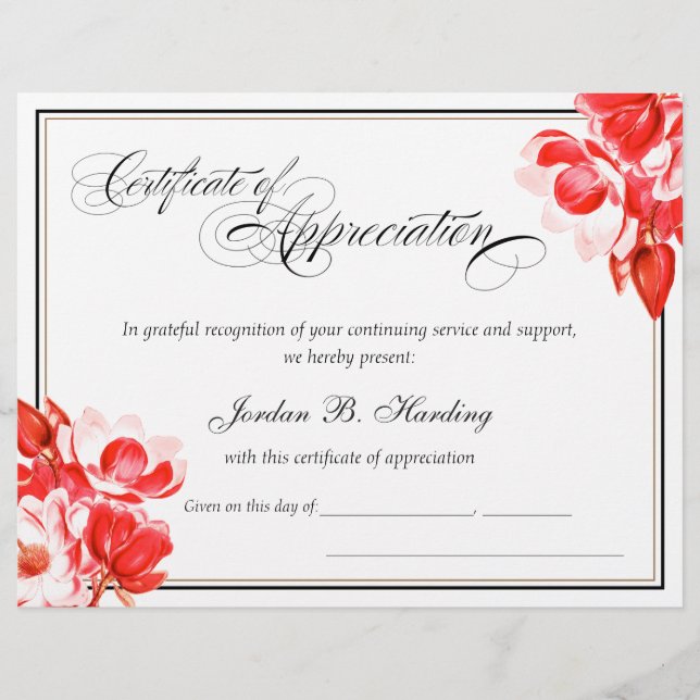 Certificaat van appreciatie Award Red Floral (Voorkant)