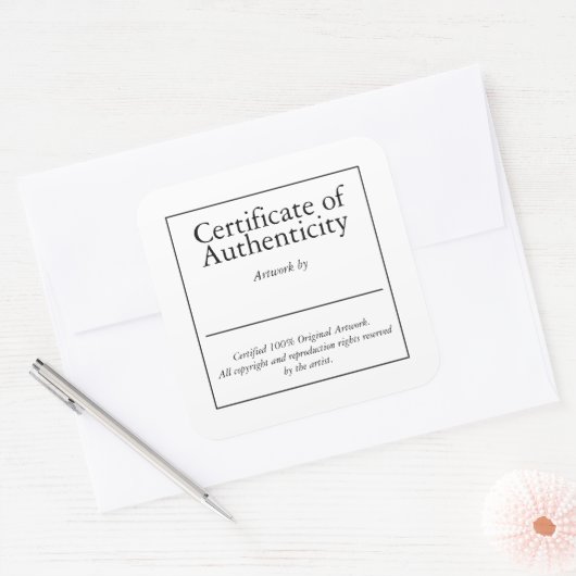 Certificaat van Authenticiteit Art Signature Stick Vierkante Sticker (Envelop)