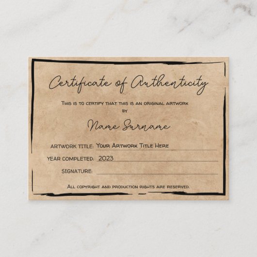 Certificaat van authenticiteit Kunstwerk door Logo (Voorkant)