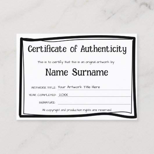Certificaat van authenticiteit Kunstwerk door Logo (Voorkant)