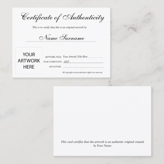 Certificaat van authenticiteit Kunstwerk door Logo (Voorkant / Achterkant)
