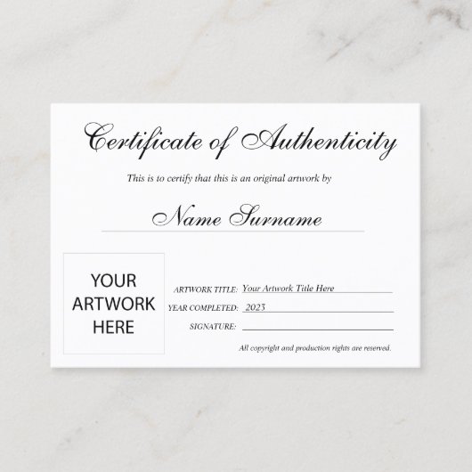 Certificaat van authenticiteit Kunstwerk door Logo (Voorkant)