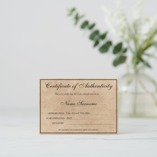 Certificaat van authenticiteit Kunstwerk door Logo (Staand voorkant)