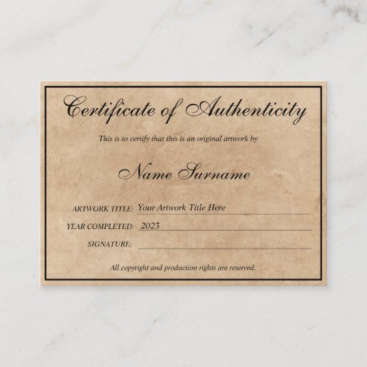 Certificaat van authenticiteit Kunstwerk door Logo (Voorkant)