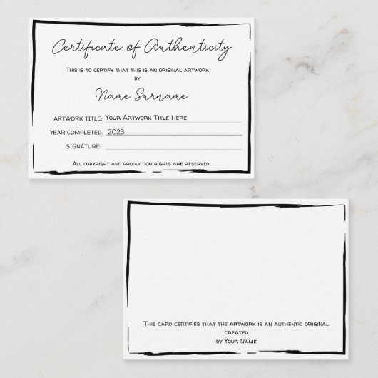 Certificaat van authenticiteit Kunstwerk door Logo (Voorkant / Achterkant)