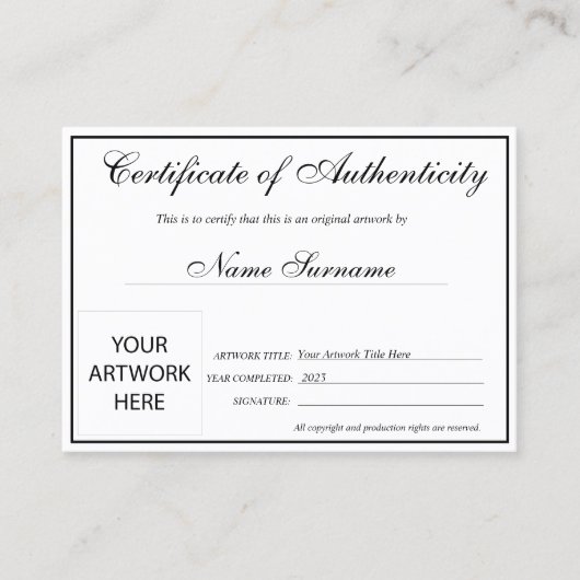 Certificaat van authenticiteit Kunstwerk door Logo (Voorkant)
