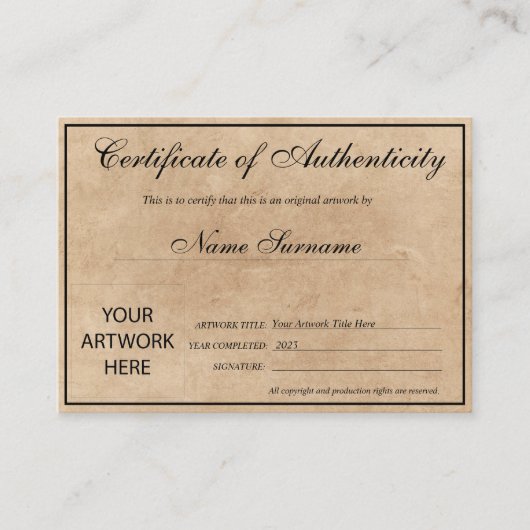 Certificaat van authenticiteit Kunstwerk door Logo (Voorkant)