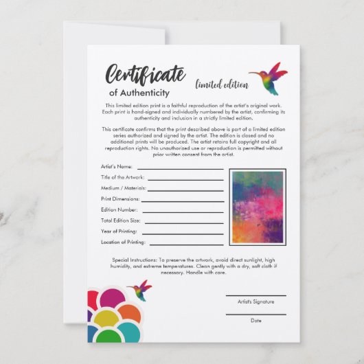 Certificaat van authenticiteit Limited Edition Pri Kaart (Voorkant)