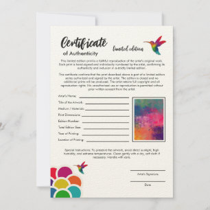 Certificaat van authenticiteit Limited Edition Pri Kaart