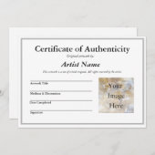 Certificaat van authenticiteit voor kunst met foto kaart (Voorkant / Achterkant)