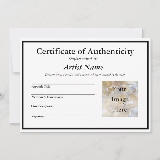 Certificaat van authenticiteit voor kunst met foto kaart (Voorkant)